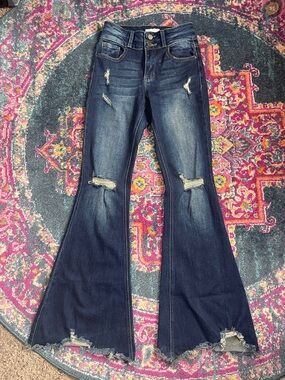 Women's Dark Blue Distressed Flare Jeans